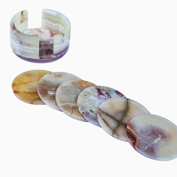 Interiors in Balance Other - Green Onyx Gemstone Coaster Set with Holder 7 Pieces: 6 Coasters 1 Holder  (A)